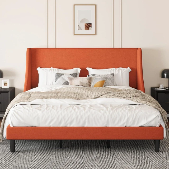 Main image of Upholstered Bed Frame King Size with Streamlined Wingback Headboard, Breathable Linen Fabric, Solid Wooden Slats, Easy Assembly, Orange