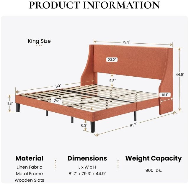 Alt view image 2 of 7 - Upholstered Bed Frame King Size with Streamlined Wingback Headboard, Breathable Linen Fabric, Solid Wooden Slats, Easy Assembly, Orange