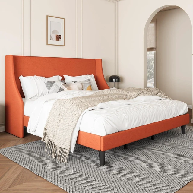 Alt view image 3 of 7 - Upholstered Bed Frame King Size with Streamlined Wingback Headboard, Breathable Linen Fabric, Solid Wooden Slats, Easy Assembly, Orange