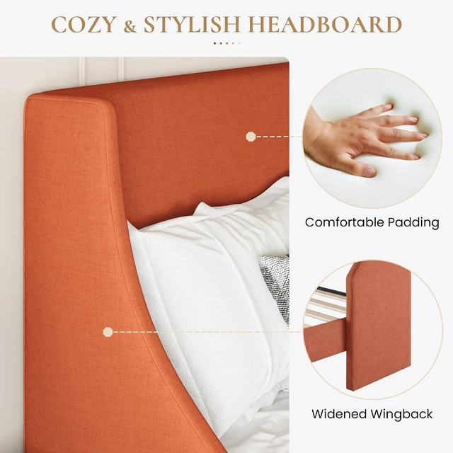 Alt view image 4 of 7 - Upholstered Bed Frame King Size with Streamlined Wingback Headboard, Breathable Linen Fabric, Solid Wooden Slats, Easy Assembly, Orange