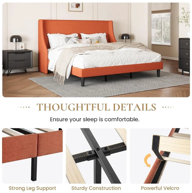 Alt view image 5 of 7 - Upholstered Bed Frame King Size with Streamlined Wingback Headboard, Breathable Linen Fabric, Solid Wooden Slats, Easy Assembly, Orange