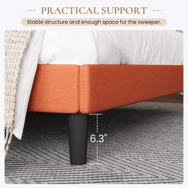 Alt view image 6 of 7 - Upholstered Bed Frame King Size with Streamlined Wingback Headboard, Breathable Linen Fabric, Solid Wooden Slats, Easy Assembly, Orange