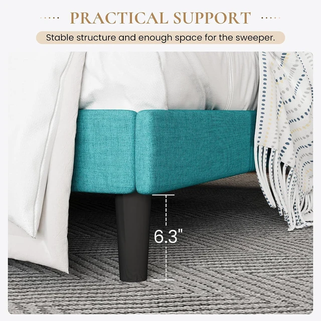 Alt view image 6 of 7 - Upholstered Bed Frame King Size with Streamlined Wingback Headboard, Breathable Linen Fabric, Solid Wooden Slats, Easy Assembly, Blue