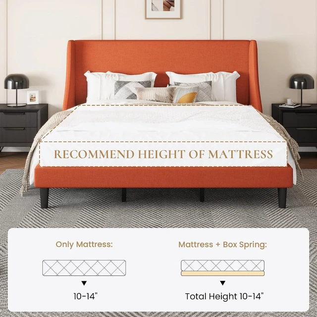Alt view image 7 of 7 - Upholstered Bed Frame King Size with Streamlined Wingback Headboard, Breathable Linen Fabric, Solid Wooden Slats, Easy Assembly, Orange
