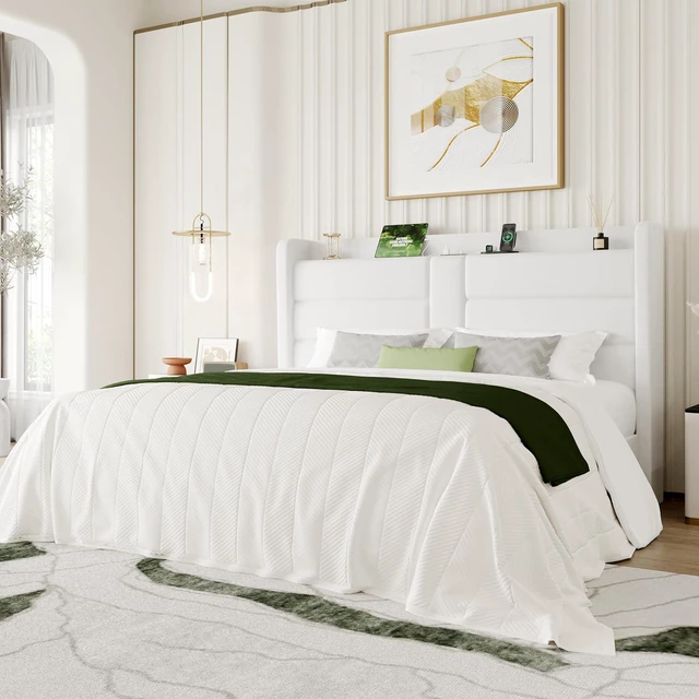 Main image of King Size Upholstered Bed Frame with Storage Shelf & Charging Station, Modern Velvet Platform Bed with Wingback Headboard, Wooden Slats Support, No Box Spring Needed, Easy Assembly, White