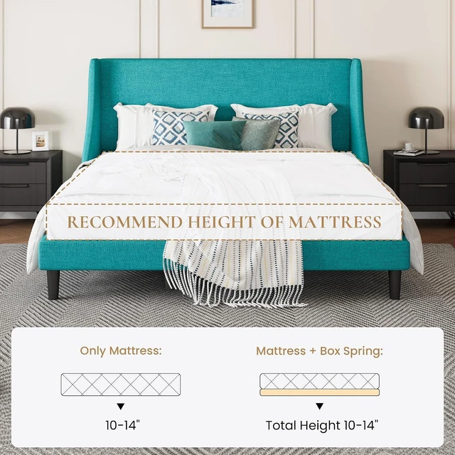 Alt view image 7 of 7 - Upholstered Bed Frame King Size with Streamlined Wingback Headboard, Breathable Linen Fabric, Solid Wooden Slats, Easy Assembly, Blue