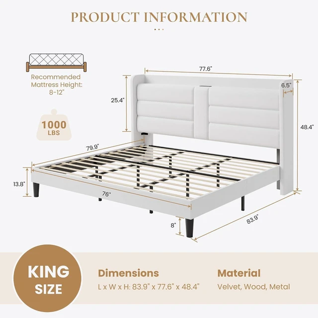 Alt view image 2 of 7 - King Size Upholstered Bed Frame with Storage Shelf & Charging Station, Modern Velvet Platform Bed with Wingback Headboard, Wooden Slats Support, No Box Spring Needed, Easy Assembly, White
