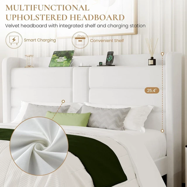 Alt view image 3 of 7 - King Size Upholstered Bed Frame with Storage Shelf & Charging Station, Modern Velvet Platform Bed with Wingback Headboard, Wooden Slats Support, No Box Spring Needed, Easy Assembly, White