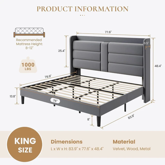 Alt view image 2 of 7 - King Size Upholstered Bed Frame with Storage Shelf & Charging Station, Modern Velvet Platform Bed with Wingback Headboard, Wooden Slats Support, No Box Spring Needed, Easy Assembly, Grey