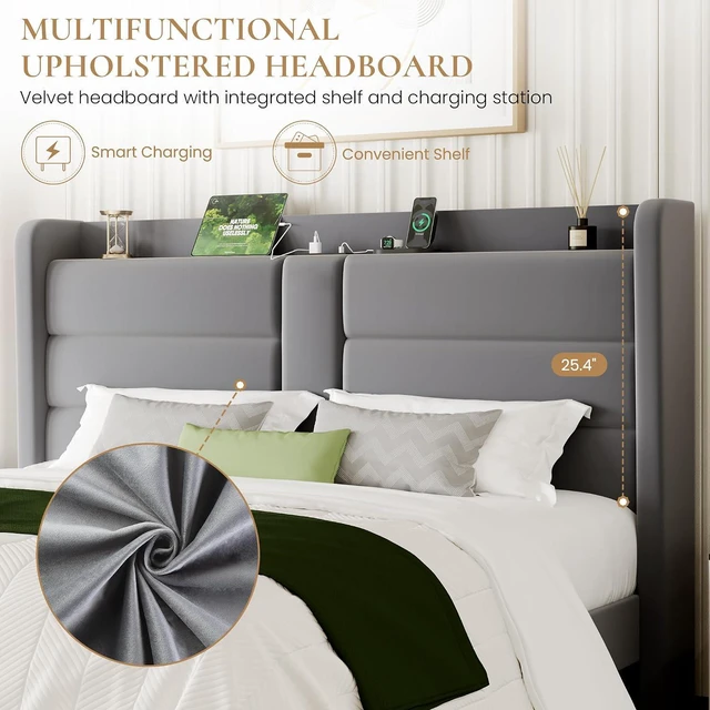 Alt view image 3 of 7 - King Size Upholstered Bed Frame with Storage Shelf & Charging Station, Modern Velvet Platform Bed with Wingback Headboard, Wooden Slats Support, No Box Spring Needed, Easy Assembly, Grey