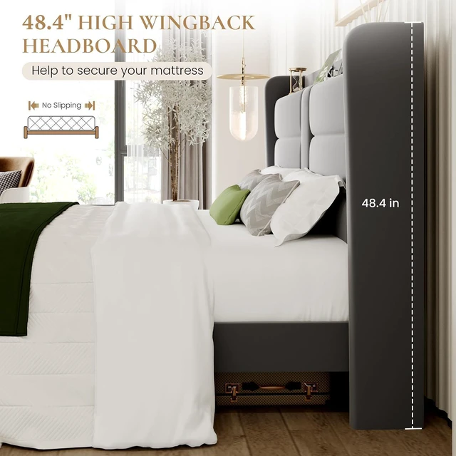 Alt view image 6 of 7 - King Size Upholstered Bed Frame with Storage Shelf & Charging Station, Modern Velvet Platform Bed with Wingback Headboard, Wooden Slats Support, No Box Spring Needed, Easy Assembly, Grey