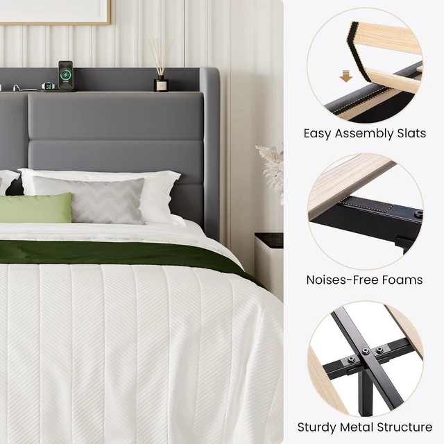 Alt view image 7 of 7 - King Size Upholstered Bed Frame with Storage Shelf & Charging Station, Modern Velvet Platform Bed with Wingback Headboard, Wooden Slats Support, No Box Spring Needed, Easy Assembly, Grey