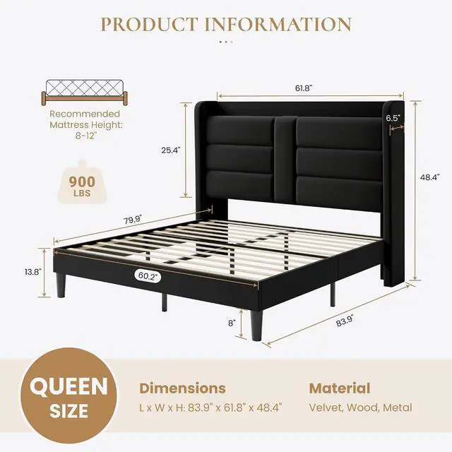Alt view image 2 of 7 - Queen Size Upholstered Bed Frame with Storage Shelf & Charging Station, Modern Velvet Platform Bed with Wingback Headboard, Wooden Slats Support, No Box Spring Needed, Easy Assembly, Black