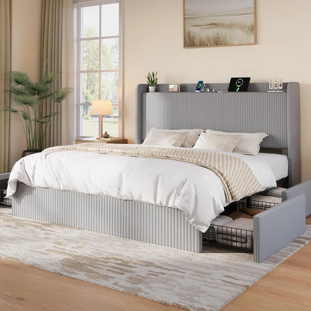 Main image of King Size Corduroy Upholstered Bed Frame with 4 Oversized Drawers, Built-in Charging Station, Modern Wingback Headboard with Storage Shelf, No Box Spring Needed, Easy Assembly, Grey