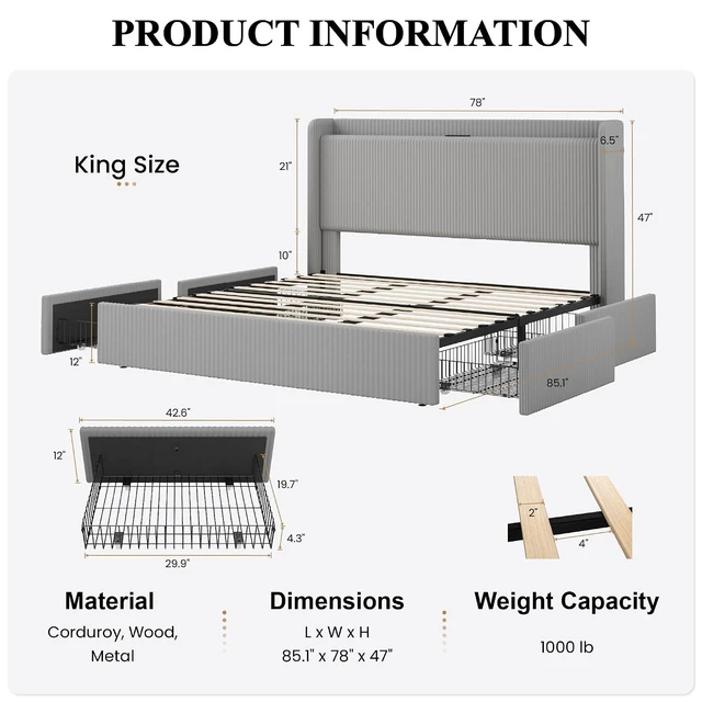 Alt view image 2 of 7 - King Size Corduroy Upholstered Bed Frame with 4 Oversized Drawers, Built-in Charging Station, Modern Wingback Headboard with Storage Shelf, No Box Spring Needed, Easy Assembly, Grey