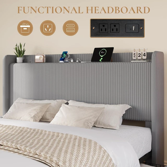 Alt view image 4 of 7 - King Size Corduroy Upholstered Bed Frame with 4 Oversized Drawers, Built-in Charging Station, Modern Wingback Headboard with Storage Shelf, No Box Spring Needed, Easy Assembly, Grey