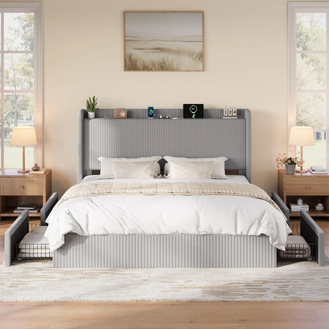 Alt view image 3 of 7 - King Size Corduroy Upholstered Bed Frame with 4 Oversized Drawers, Built-in Charging Station, Modern Wingback Headboard with Storage Shelf, No Box Spring Needed, Easy Assembly, Grey