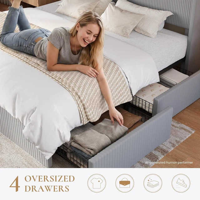 Alt view image 5 of 7 - King Size Corduroy Upholstered Bed Frame with 4 Oversized Drawers, Built-in Charging Station, Modern Wingback Headboard with Storage Shelf, No Box Spring Needed, Easy Assembly, Grey