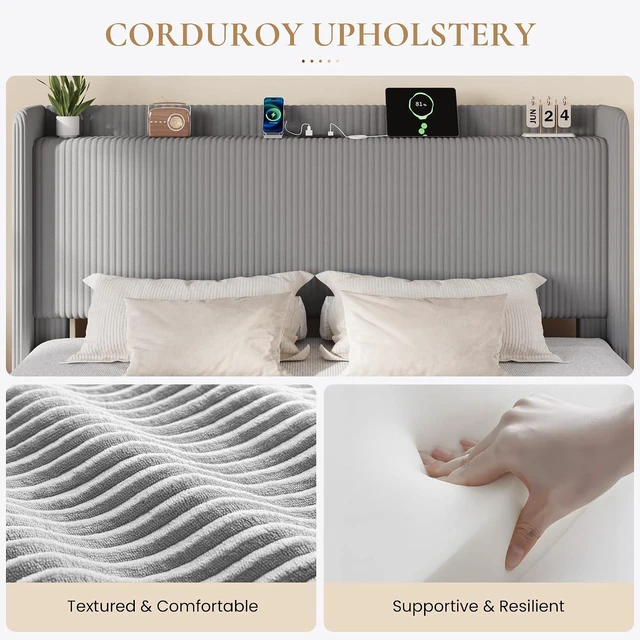Alt view image 7 of 7 - King Size Corduroy Upholstered Bed Frame with 4 Oversized Drawers, Built-in Charging Station, Modern Wingback Headboard with Storage Shelf, No Box Spring Needed, Easy Assembly, Grey