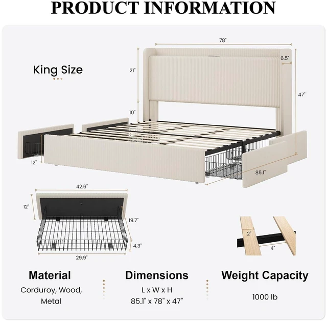 Alt view image 2 of 7 - King Size Corduroy Upholstered Bed Frame with 4 Oversized Drawers, Built-in Charging Station, Modern Wingback Headboard with Storage Shelf, No Box Spring Needed, Easy Assembly, White