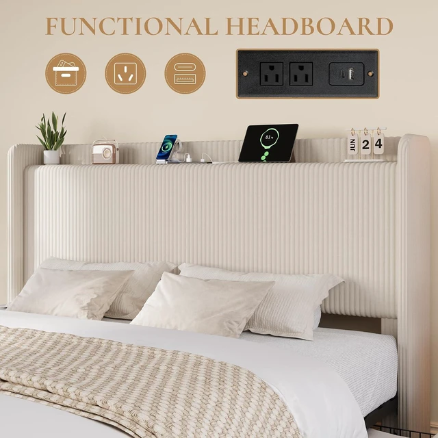 Alt view image 4 of 7 - King Size Corduroy Upholstered Bed Frame with 4 Oversized Drawers, Built-in Charging Station, Modern Wingback Headboard with Storage Shelf, No Box Spring Needed, Easy Assembly, White