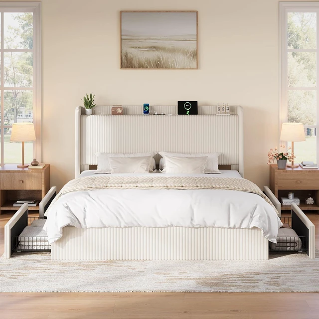 Alt view image 3 of 7 - King Size Corduroy Upholstered Bed Frame with 4 Oversized Drawers, Built-in Charging Station, Modern Wingback Headboard with Storage Shelf, No Box Spring Needed, Easy Assembly, White