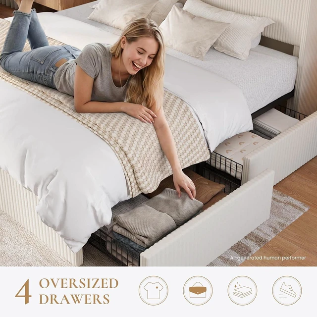 Alt view image 5 of 7 - King Size Corduroy Upholstered Bed Frame with 4 Oversized Drawers, Built-in Charging Station, Modern Wingback Headboard with Storage Shelf, No Box Spring Needed, Easy Assembly, White