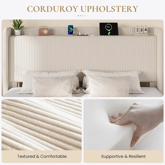 Alt view image 7 of 7 - King Size Corduroy Upholstered Bed Frame with 4 Oversized Drawers, Built-in Charging Station, Modern Wingback Headboard with Storage Shelf, No Box Spring Needed, Easy Assembly, White
