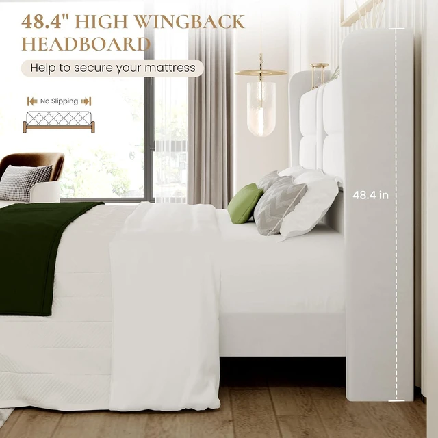 Alt view image 6 of 7 - King Size Upholstered Bed Frame with Storage Shelf & Charging Station, Modern Velvet Platform Bed with Wingback Headboard, Wooden Slats Support, No Box Spring Needed, Easy Assembly, White