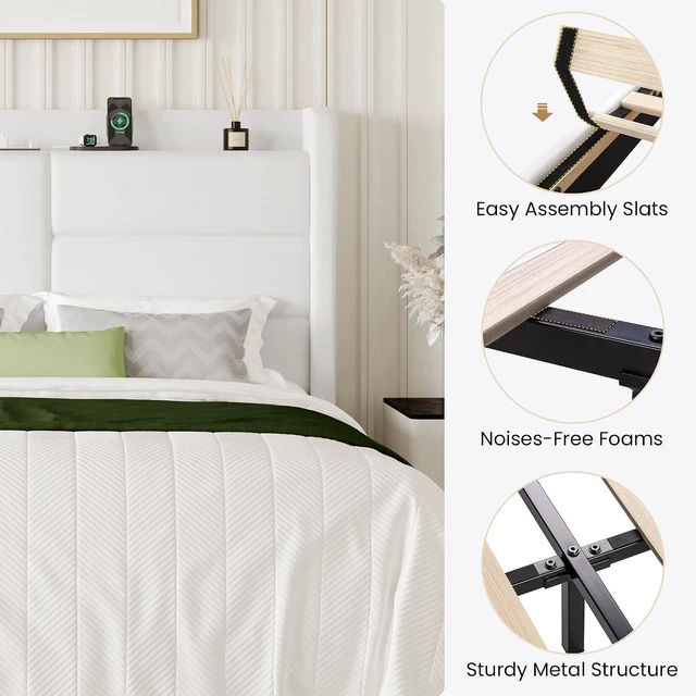 Alt view image 7 of 7 - King Size Upholstered Bed Frame with Storage Shelf & Charging Station, Modern Velvet Platform Bed with Wingback Headboard, Wooden Slats Support, No Box Spring Needed, Easy Assembly, White