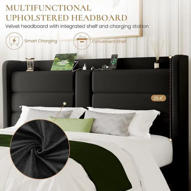 Alt view image 3 of 7 - King Size Upholstered Bed Frame with Storage Shelf & Charging Station, Modern Velvet Platform Bed with Wingback Headboard, Wooden Slats Support, No Box Spring Needed, Easy Assembly, Black