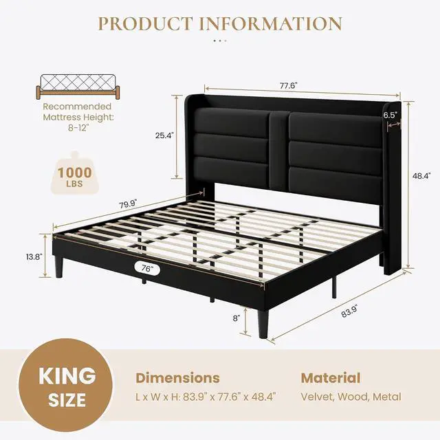 Alt view image 2 of 7 - King Size Upholstered Bed Frame with Storage Shelf & Charging Station, Modern Velvet Platform Bed with Wingback Headboard, Wooden Slats Support, No Box Spring Needed, Easy Assembly, Black