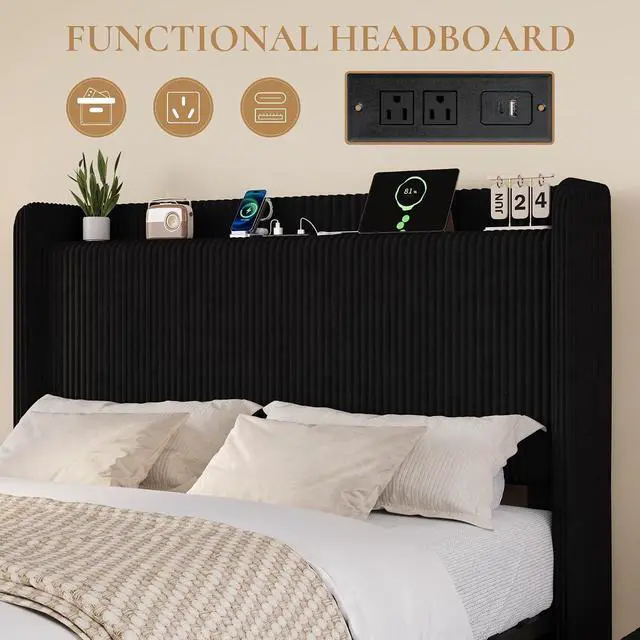 Alt view image 4 of 7 - Queen Corduroy Upholstered Bed Frame with 4 Oversized Drawers, Built-in Charging Station, Modern Wingback Headboard with Storage Shelf, No Box Spring Needed, Easy Assembly, Black