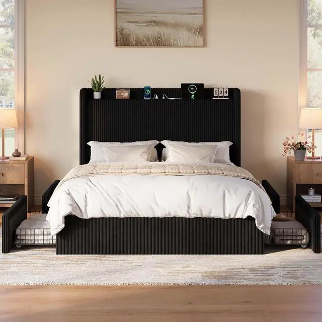 Alt view image 3 of 7 - Queen Corduroy Upholstered Bed Frame with 4 Oversized Drawers, Built-in Charging Station, Modern Wingback Headboard with Storage Shelf, No Box Spring Needed, Easy Assembly, Black