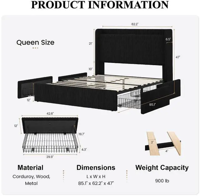 Alt view image 2 of 7 - Queen Corduroy Upholstered Bed Frame with 4 Oversized Drawers, Built-in Charging Station, Modern Wingback Headboard with Storage Shelf, No Box Spring Needed, Easy Assembly, Black