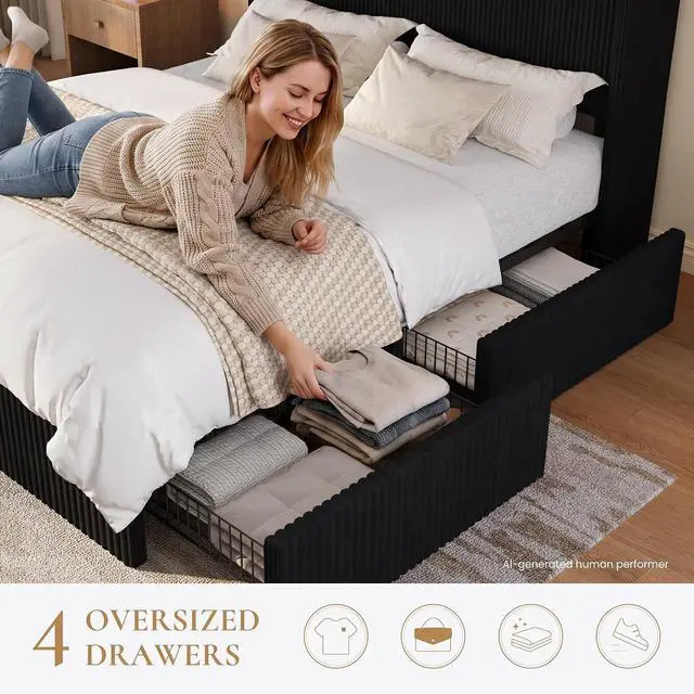 Alt view image 5 of 7 - Queen Corduroy Upholstered Bed Frame with 4 Oversized Drawers, Built-in Charging Station, Modern Wingback Headboard with Storage Shelf, No Box Spring Needed, Easy Assembly, Black