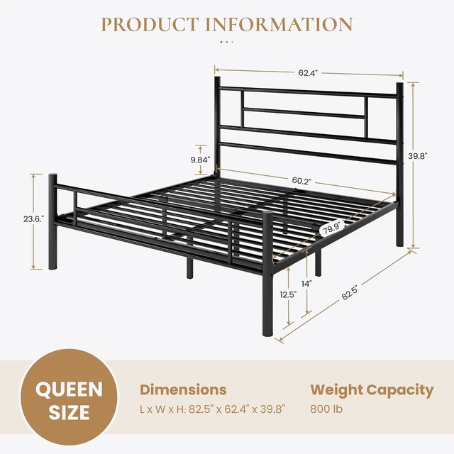 Alt view image 2 of 7 - Queen Size Metal Platform Bed Frame with Modern Headboard and Footboard, Under Bed Storage Space, Noise Free, No Box Spring Needed,Black,14 Inch