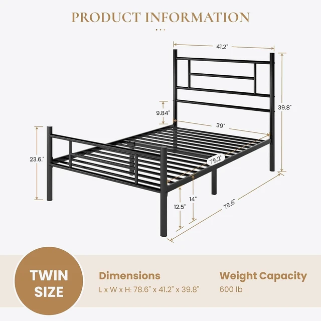 Alt view image 2 of 7 - Twin Size Metal Platform Bed Frame with Modern Headboard and Footboard, Under Bed Storage Space, Noise Free, No Box Spring Needed,Black,14 Inch