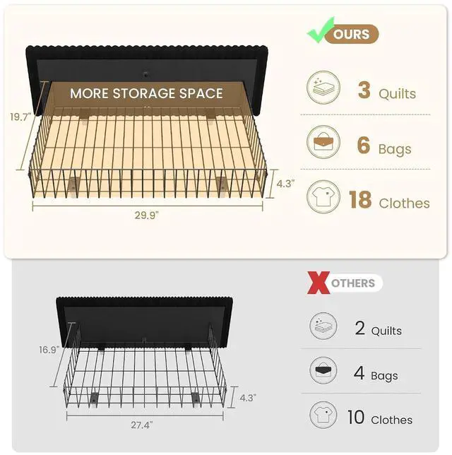 Alt view image 6 of 7 - Queen Corduroy Upholstered Bed Frame with 4 Oversized Drawers, Built-in Charging Station, Modern Wingback Headboard with Storage Shelf, No Box Spring Needed, Easy Assembly, Black