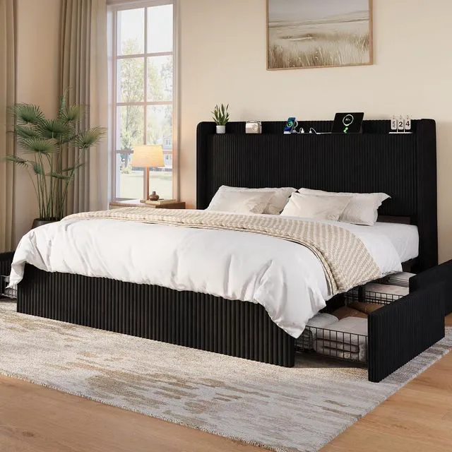 Main image of King Size Corduroy Upholstered Bed Frame with 4 Oversized Drawers, Built-in Charging Station, Modern Wingback Headboard with Storage Shelf, No Box Spring Needed, Easy Assembly, Black