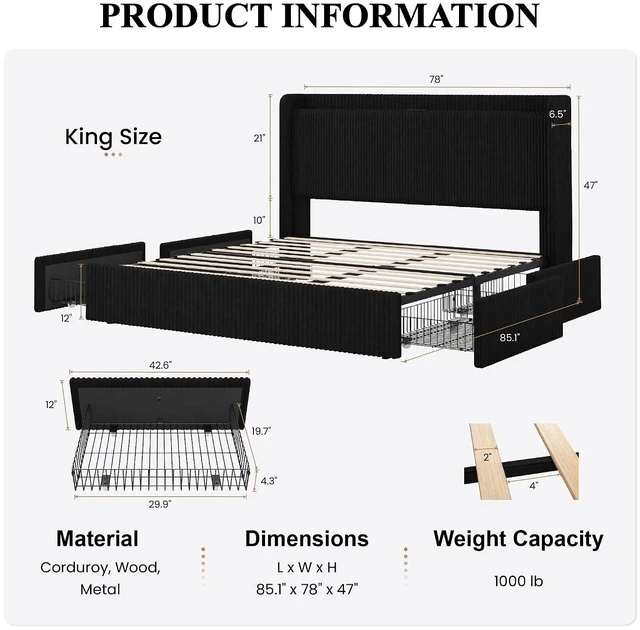Alt view image 3 of 7 - King Size Corduroy Upholstered Bed Frame with 4 Oversized Drawers, Built-in Charging Station, Modern Wingback Headboard with Storage Shelf, No Box Spring Needed, Easy Assembly, Black