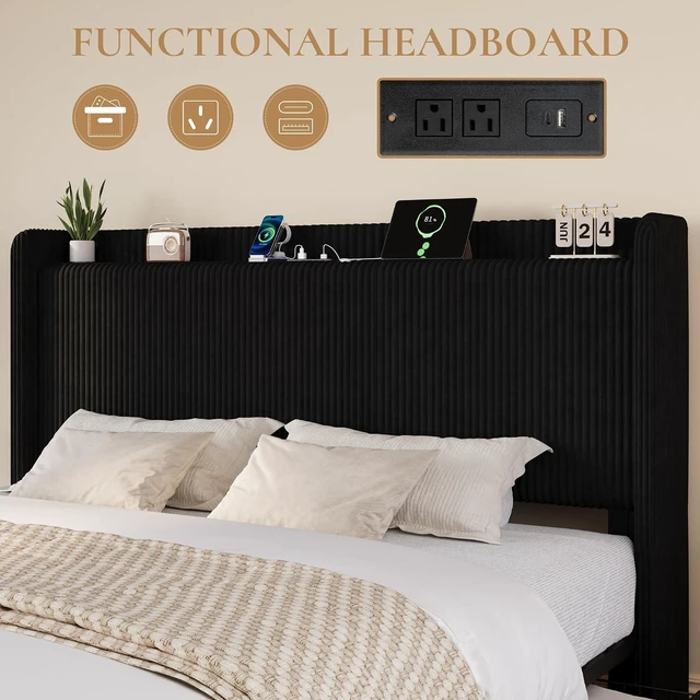 Alt view image 5 of 7 - King Size Corduroy Upholstered Bed Frame with 4 Oversized Drawers, Built-in Charging Station, Modern Wingback Headboard with Storage Shelf, No Box Spring Needed, Easy Assembly, Black