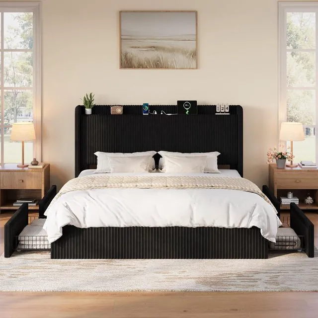 Alt view image 4 of 7 - King Size Corduroy Upholstered Bed Frame with 4 Oversized Drawers, Built-in Charging Station, Modern Wingback Headboard with Storage Shelf, No Box Spring Needed, Easy Assembly, Black