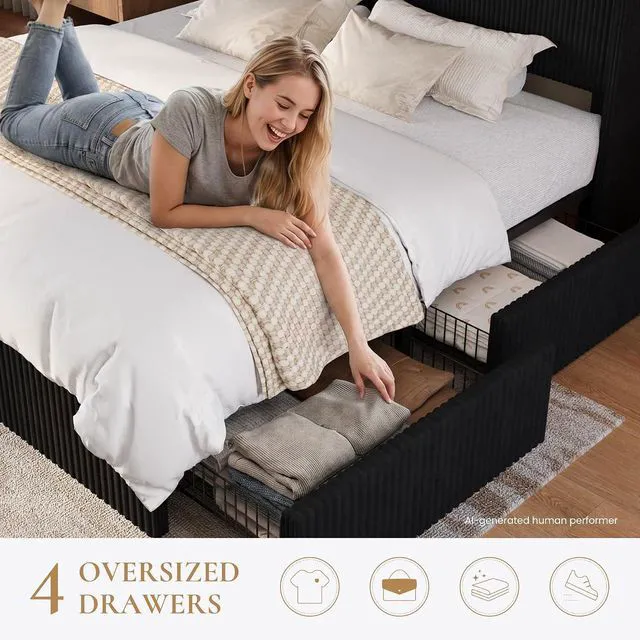 Alt view image 6 of 7 - King Size Corduroy Upholstered Bed Frame with 4 Oversized Drawers, Built-in Charging Station, Modern Wingback Headboard with Storage Shelf, No Box Spring Needed, Easy Assembly, Black