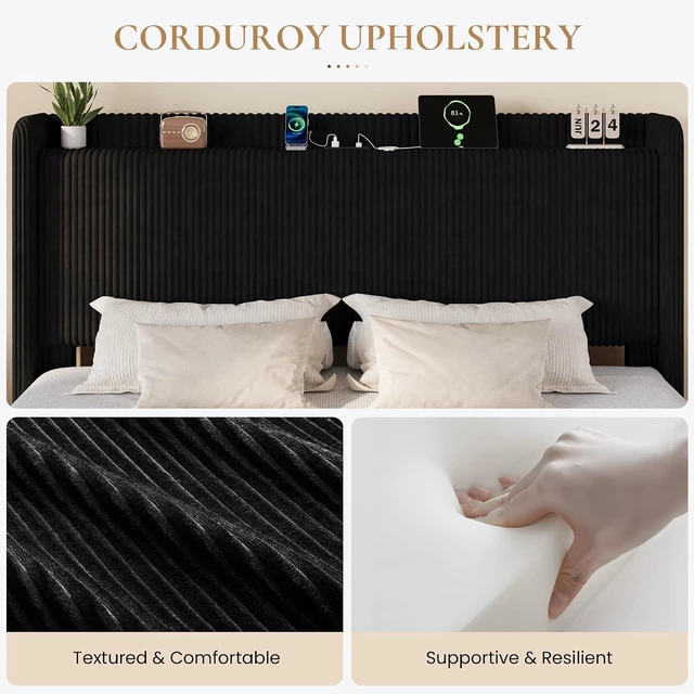 Alt view image 7 of 7 - King Size Corduroy Upholstered Bed Frame with 4 Oversized Drawers, Built-in Charging Station, Modern Wingback Headboard with Storage Shelf, No Box Spring Needed, Easy Assembly, Black