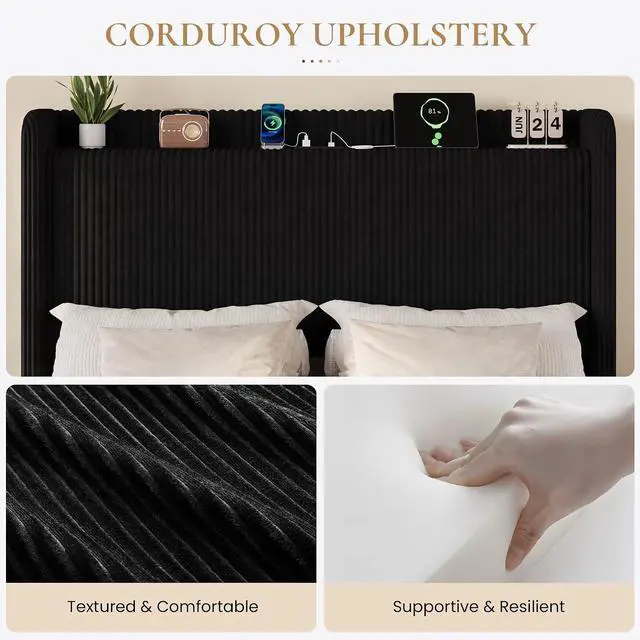 Alt view image 7 of 7 - Queen Corduroy Upholstered Bed Frame with 4 Oversized Drawers, Built-in Charging Station, Modern Wingback Headboard with Storage Shelf, No Box Spring Needed, Easy Assembly, Black