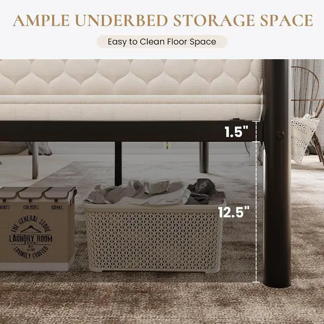 Alt view image 3 of 7 - Queen Size Metal Platform Bed Frame with Modern Headboard and Footboard, Under Bed Storage Space, Noise Free, No Box Spring Needed,Black,14 Inch