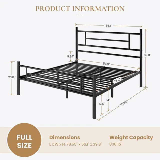 Alt view image 2 of 7 - Full Size Metal Platform Bed Frame with Modern Headboard and Footboard, Under Bed Storage Space, Noise Free, No Box Spring Needed,Black,14 Inch