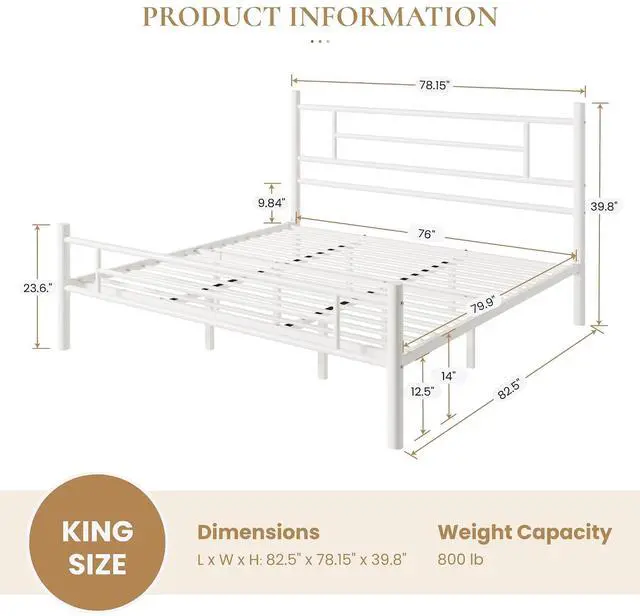 Alt view image 2 of 7 - King Size Metal Platform Bed Frame with Modern Headboard and Footboard, Under Bed Storage Space, Noise Free, No Box Spring Needed,White,14 Inch