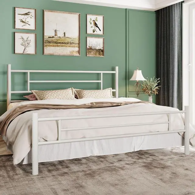 Main image of King Size Metal Platform Bed Frame with Modern Headboard and Footboard, Under Bed Storage Space, Noise Free, No Box Spring Needed,White,14 Inch